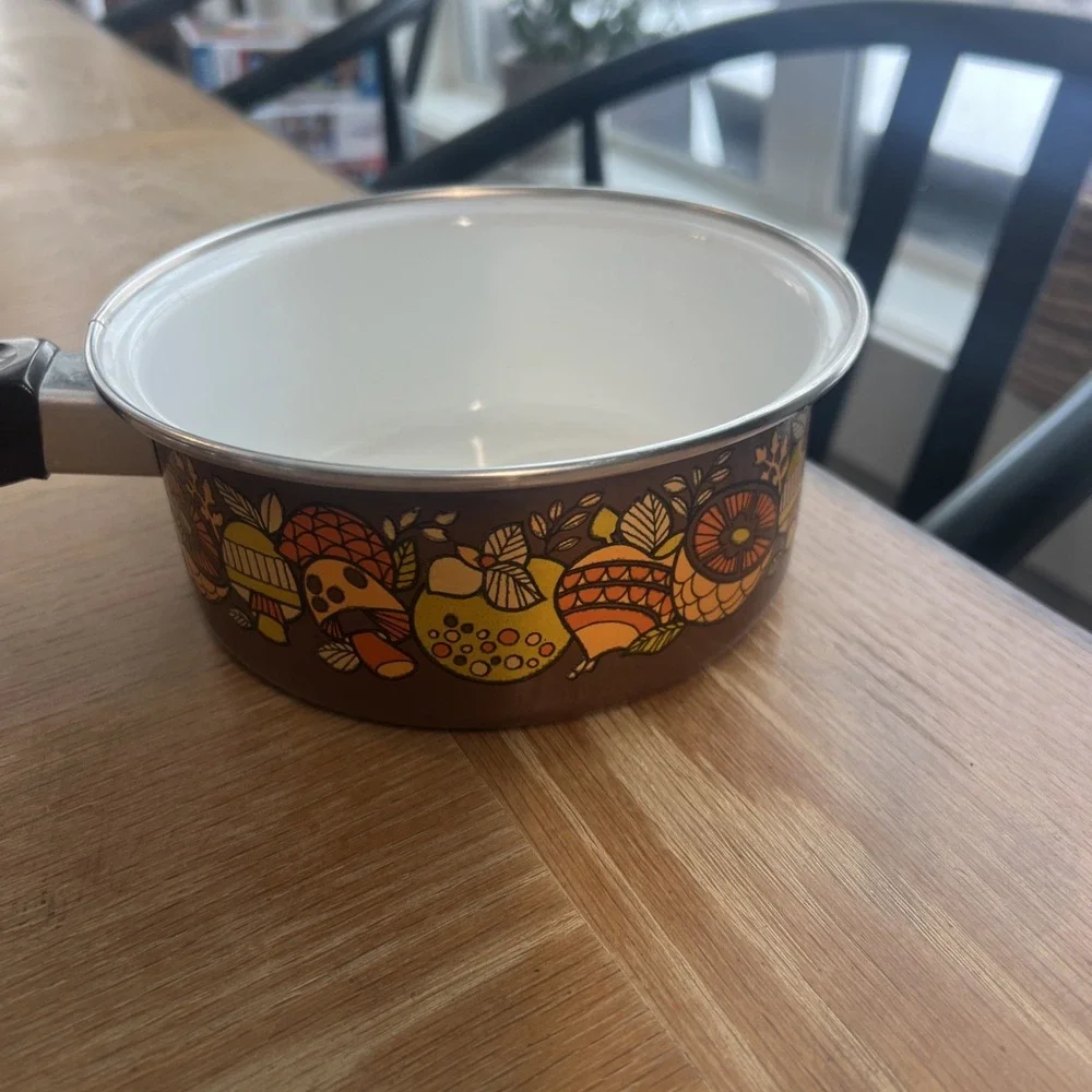 Vintage 70's Retro MUSHROOM Brown Orange Yellow‎ Enamelware Saucepan